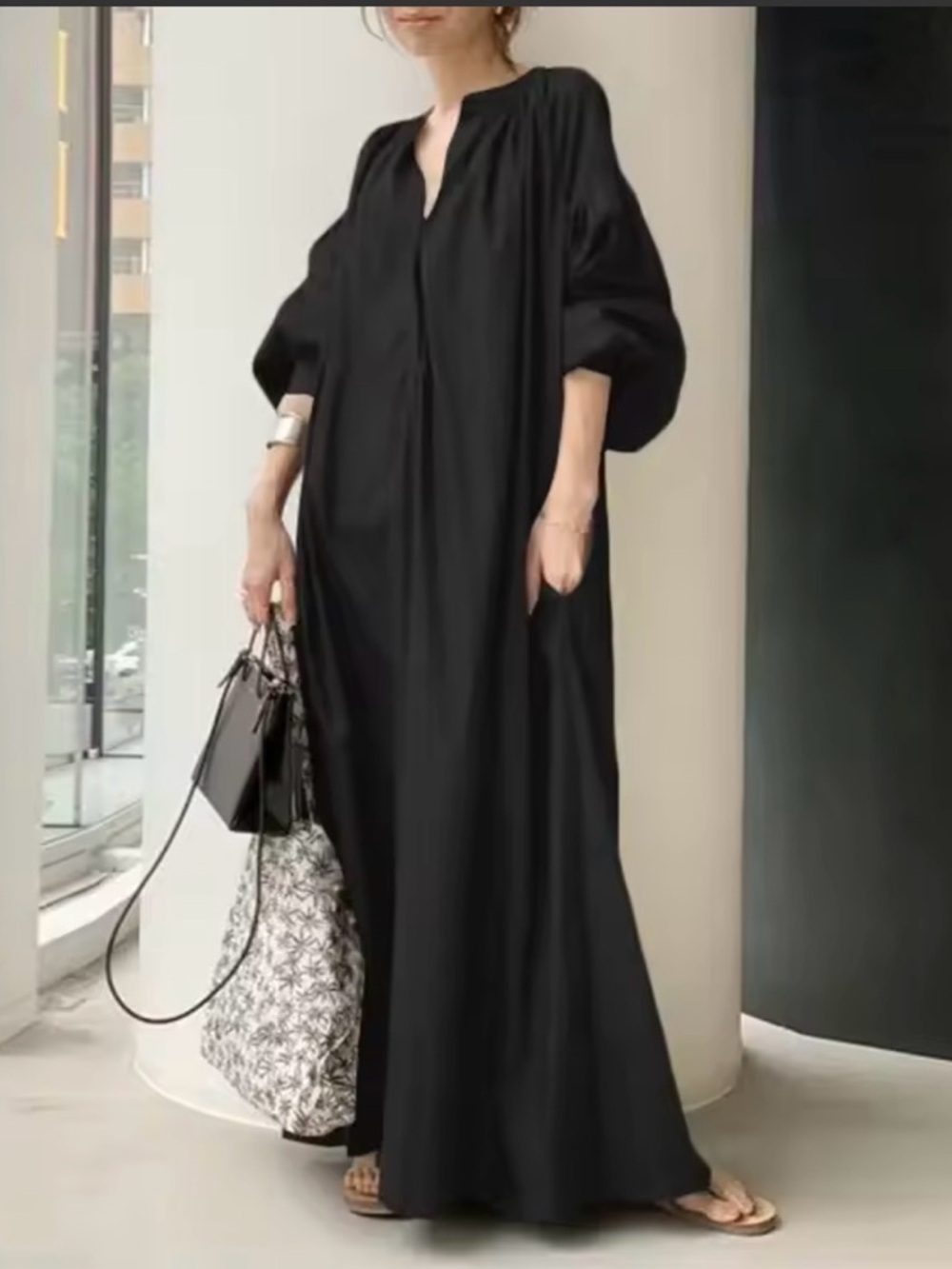 Black Maxi Dress with Balloon Sleeves